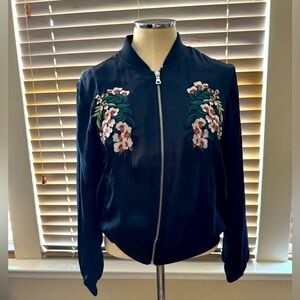 Floral Embroidered Navy Bomber Jacket